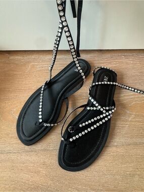 Zara Black Crystal-Studded Lace-Up Sandals